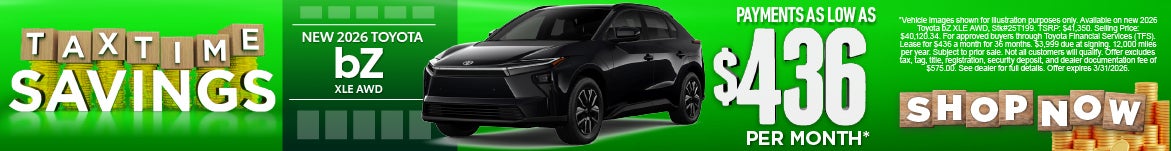 New 2026 Toyota bZ XLE AWD	Payments As Low As $436/Month*