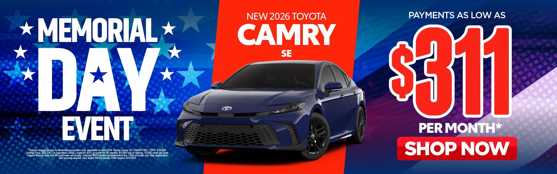 New 2026 Toyota Camry SE	Payments As Low As $311/Month*