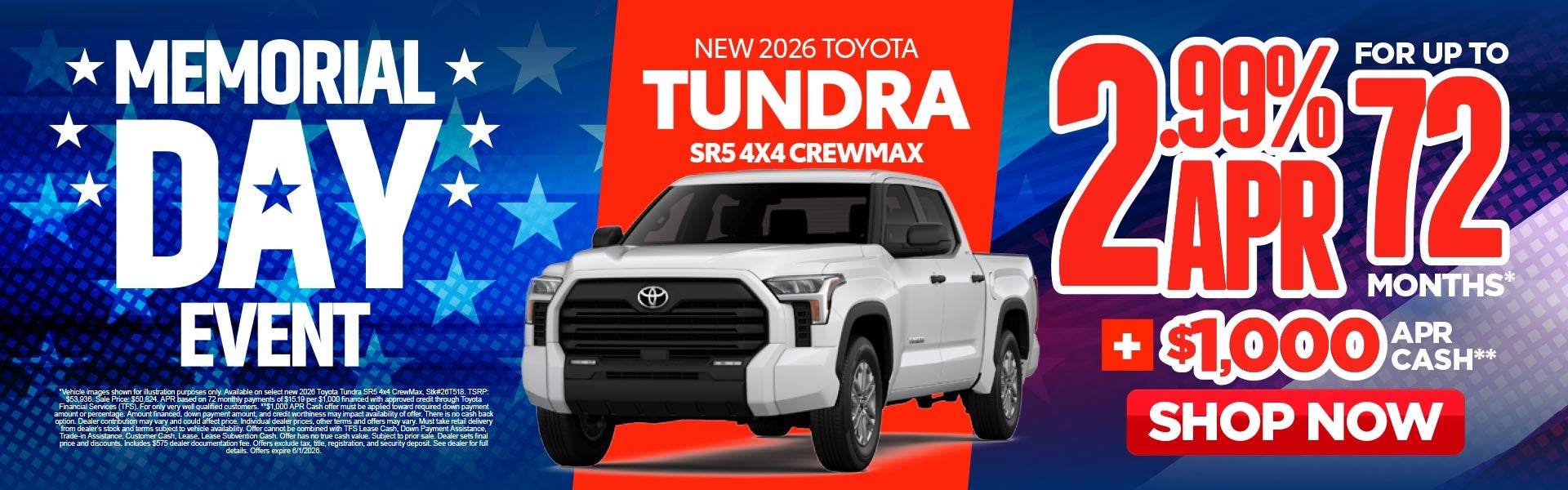New 2026 Toyota Tundra SR5 4x4 CrewMax	"2.99% APR for up to 